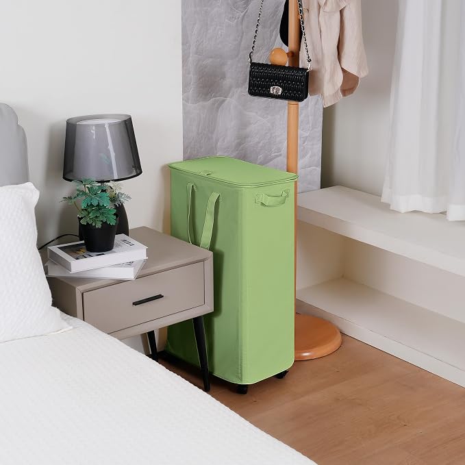 Vincona Slim Laundry Hamper with Lid and Wheels, Small Rolling Laundry Basket with Handle for Small Spaces, Tall Dirty Clothes Hampers for Dorm, Bathroom and Bedroom, 75L Sage Green