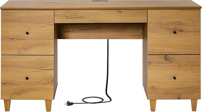 WAMPAT Executive Desk with 4 Deep Drawers, 58 Inch Modern Wooden Office Desk with Charging Station & Keyboard Tray, Home Office Large Computer Desk, Work & Study Writing Desk, Oak Brown