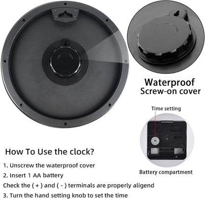 Caysie 16 Inch Sealed Large Outdoor Clock Waterproof, Silent Battery Operated Weatherproof Wall Clocks for Pool Patio Outside Home (Black)