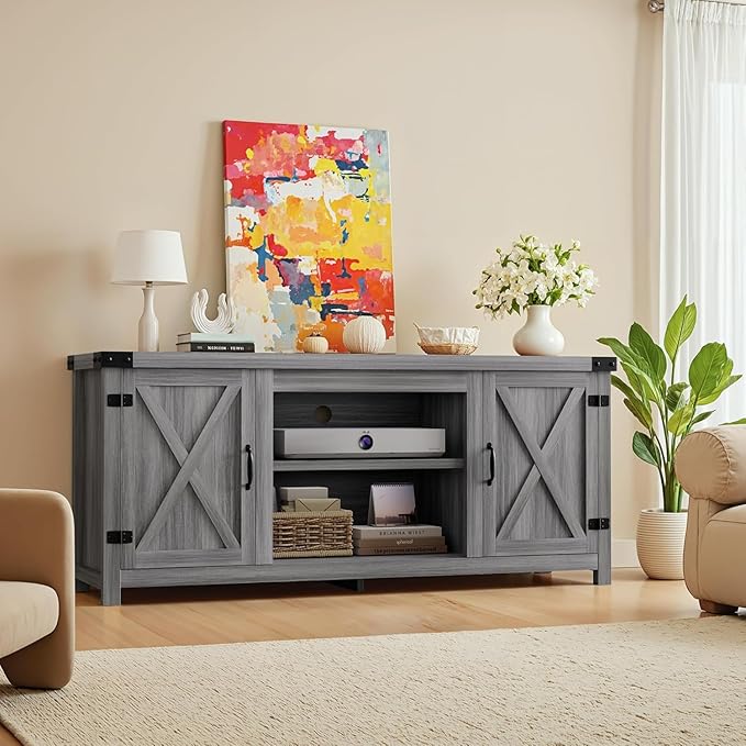 YESHOMY Modern Farmhouse TV Stand with Two Barn Doors and Storage Cabinets for Televisions up to 65+ Inch, Entertainment Center Console, Media Furniture for Living Room, 58 Inch, Gray Wash & Rustic