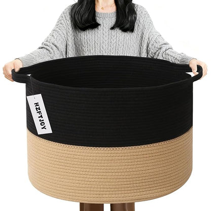 90L Extra Large Blanket Basket,Woven Laundry Basket Hamper with Handles, Decorative Nursery Basket Storage Bin for Toys, Clothes Organizer, Living Room, Bedroom, Bathroom, Black&Camel