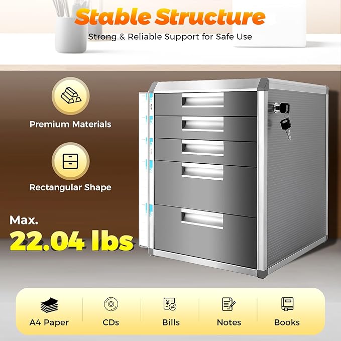 Desk Organizer with 5 Drawers, Metal Desktop Storage Cabinet File Holder with Locks and Keys, Filing Case Literature Organizer for Office Home, L12.4*D13.8*H16in, Silver & Grey