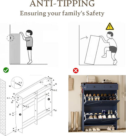 Shoe Cabinet with Odor Control Deodorizer and Back Panel, Farmhouse Narrow Shoe Storage Cabinet Rack for Entryway with 2 Flip Drawers and 2 Top Drawers, Adjustable Shelves, Side Hooks