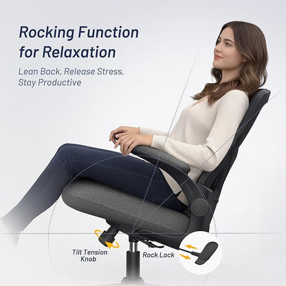 Office Desk Chair for Long Hours & Lower Back Pain Relief – 4“ Thick Molded Foam Cushion, Enhanced Lumbar Support, Padded Flip-up Armrests, New Year Workspace Upgrade, Dark Gray