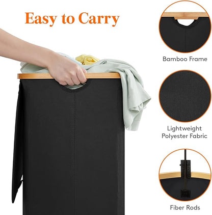 Lifewit 150L Double Laundry Hamper with Lid, Large Laundry Basket with Removable Bag & Bamboo Handles, Fodable Tall Dirty Clothes Hamper for Laundry Collapsible Bin for Bathroom Bedroom Dorm, Black