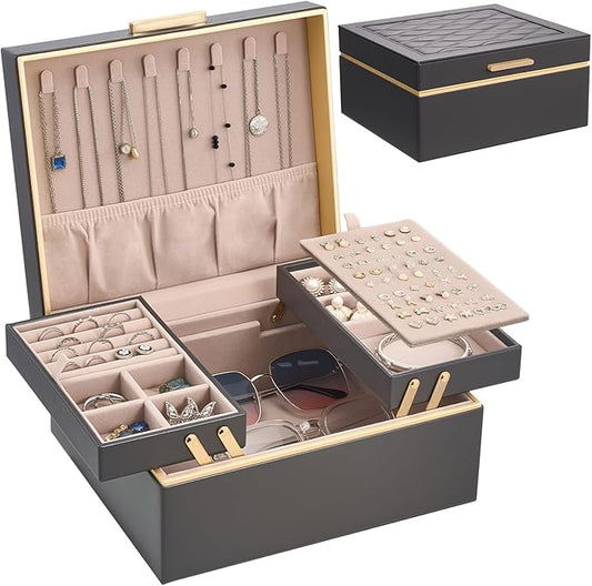 Lolalet Jewelry Box Organizer for Women Girls, 2 Layer Jewelry Organizers and Storage for Necklace Earrings Rings Bracelets, Large Jewellery Holder Case Birthday Gifts -Charcoal gray