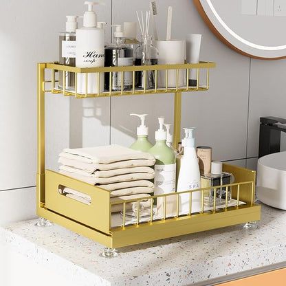 Under Sink Organizer Storage 2-Tier Premium Metal Pull-Out Kitchen Cabinet Organizer with Sliding Drawer, Height Adjustable, Heavy Duty for Kitchen & Bathroom Organizers 1 Pack Gold