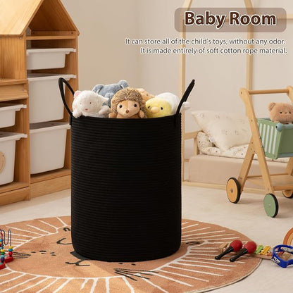OIAHOMY Large Laundry Basket Hamper - 60L Cotton Rope Woven Basket for Blankets, Toys, Clothes - Tall Decorative Nursery Hamper with Long Handles, Black