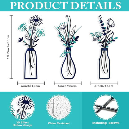 3 Pieces Metal Flowers Wall Arts - Rustic Farmhouse Style Décor Metal Wall Art Black Minimalist Flower Natural Themed Wall Decors for Home Bedroom Dining Room Housewarming (Blue)