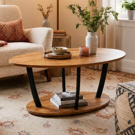 Manora Rustic Oval Coffee Table with Storage Shelf, 2-Tier Wood Grain Center Table for Living Room, Farmhouse Tea Table with Sturdy Black Legs for Apartment, Small Spaces, Easy Assembly, Brown