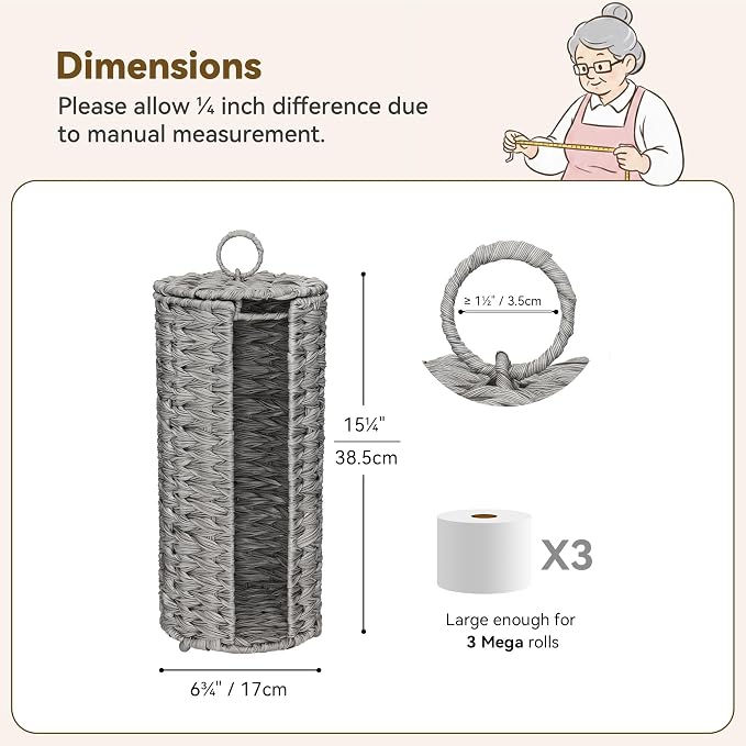 GRANNY SAYS Toilet Paper Storage with Lid, Toilet Paper Holder Stand with Storage, Woven Basket for 3 Mega Rolls, Decorative Tissue Holder for Bathroom, Gray