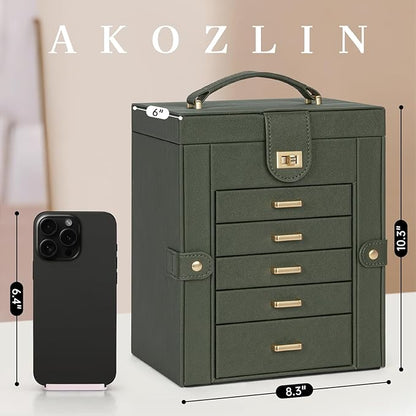 AKOZLIN 6-Tier Jewelry Box Organizer Functional 5 Drawers Leather Jewelry Storage Case for Women Girls Ring Necklace Earring Bracelet Holder Organizer with Mirror DrakGreen Regular