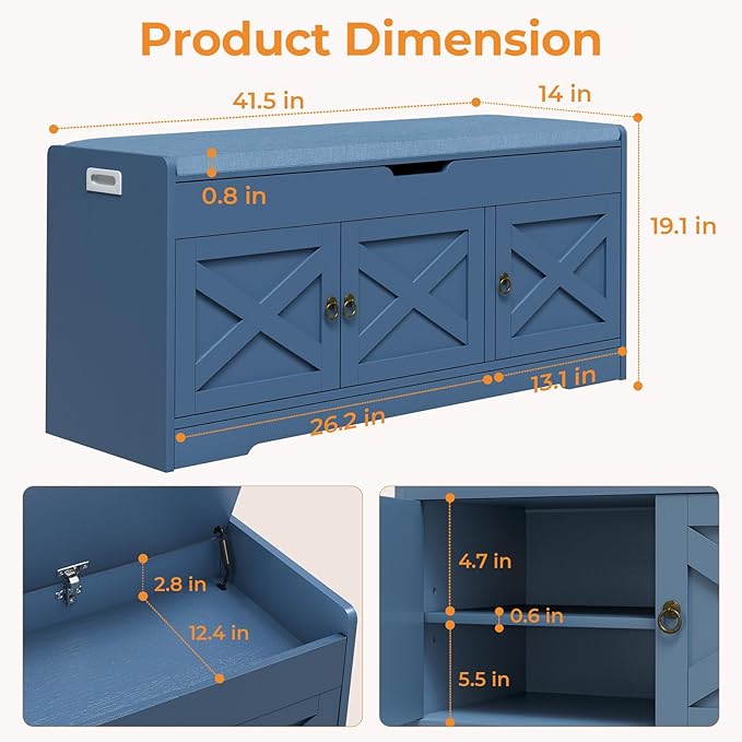 Farmhouse Shoe Storage Bench, Entryway Bench with Cushion Seat, Lift Top Storage, Adjustable Shelf, 3 Doors, 330 lbs Capacity, Storage Bench for Entryway, Bedroom, Living Room (Blue)