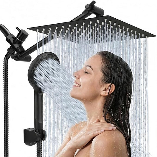 Shower Head, 12‘’ High Pressure Rainfall/Handheld Shower Combo with 11'' Extension Arm, 9 Settings, Anti-leak Shower Head with Holder, Height/Angle Adjustable, Matte Black
