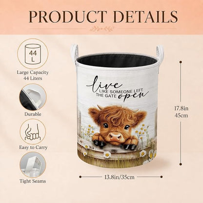 Rustic Daisy Highland Cow Laundry Basket, Highland Cow Lover Gifts Laundry Hamper Waterproof Collapsible Clothes Toys Storage Bin Organizer for Girls Nursery Room Bathroom Home