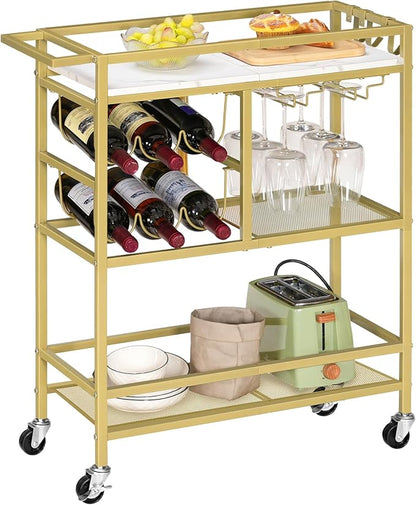 Bar Cart for Home, 3-Tier Serving Cart with Wheels and Handle, Beverage Cart with Wine Rack and Glass Holders, Rolling Wine Cart for Kitchen, Dining Room, Gold and White RCJM6101