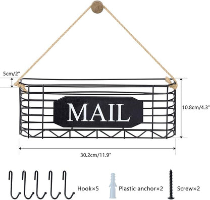 SRIWATANA Rustic Mail Key Holder, Mail Organizer Wall Mount with 5 Hooks Large, Black