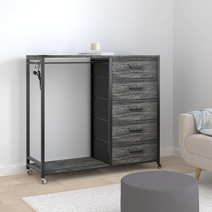 Cyclysio Dresser with Hanging Rack, 5 Fabric Drawers Dresser with Clothes Rack, Wooden Top Storage Chest of Drawers with Charging Station & LED Lights, Lockable Wheels, Closet