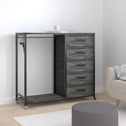 Cyclysio Dresser with Hanging Rack, 5 Fabric Drawers Dresser with Clothes Rack, Wooden Top Storage Chest of Drawers with Charging Station & LED Lights, Lockable Wheels, Closet