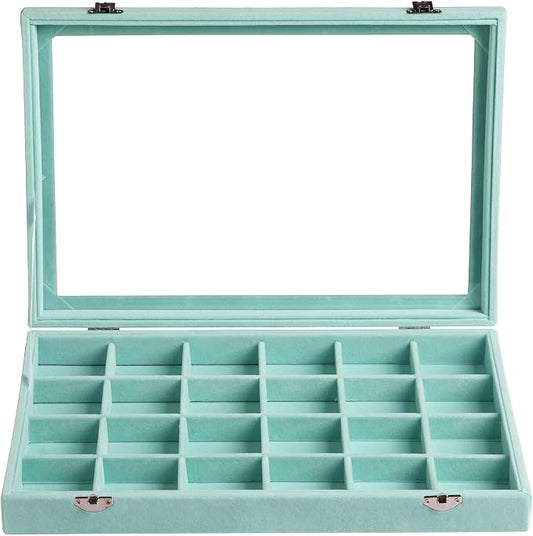 Frebeauty Velvet Jewelry Tray,35 Grid Jewelry Organizer with Clear Lid,Earring Holder Organizer Case with Clasp,Drawer Insert for Rings Studs,13.8 x 9.5 x 2 Inches,Gift for Women Girls(Turquoise)