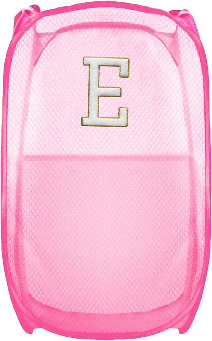 Collapsible Pop Up Laundry Hamper, Extra Large with Removable Initial Letter E, Mesh Foldable Laundry Basket, 28" x 16" x 16" (Pink)