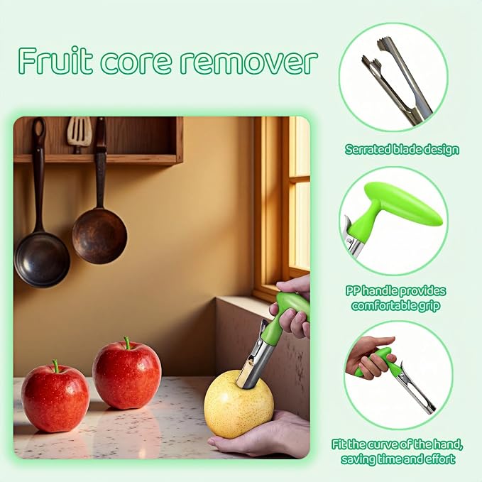 Premium Stainless Steel Apple Corer, Professional Fruit Core Remover Tool with Ergonomic Red Handle, Serrated Blades for Apples, Pears, Peaches, Plums, Easy Use & Clean (Green)