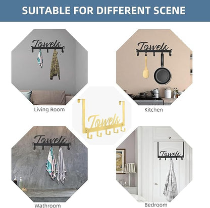 Azmoncy Over The Door Hooks - Heavy Duty Towel Rack with 5 Coat Hooks for Bedroom Kitchen, Gold Bathroom Decor