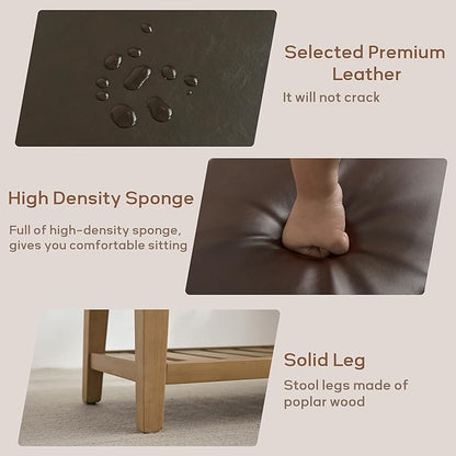 HUIMO Entryway Shoe Bench with Cushion, End of Bed Bench,Upholstered Bench for Kitchen, Bench with Solid Wood Shelf, Leather Ottoman Bench for Hallway, Living Room (PU-Brown)