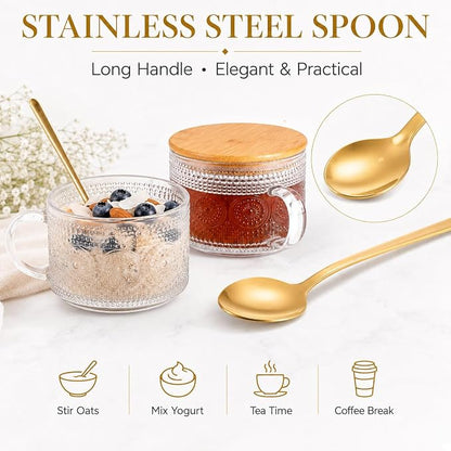 Semderm Vintage Glass Coffee Mugs Set of 2, Overnight Oats Containers with Bamboo Lids and Spoons - 14oz Clear Tea Cups for Cappuccino Latte Americano Cereal Yogurt Beverage