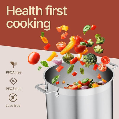 Stainless Steel Stockpot with Lid 20 Quart, Durable 18/8 Stainless Steel, Impact-Bonded Base for Even Heating, Riveted Handles, Oven & All Stove Compatible, Safe Up To 500°F (260°C)