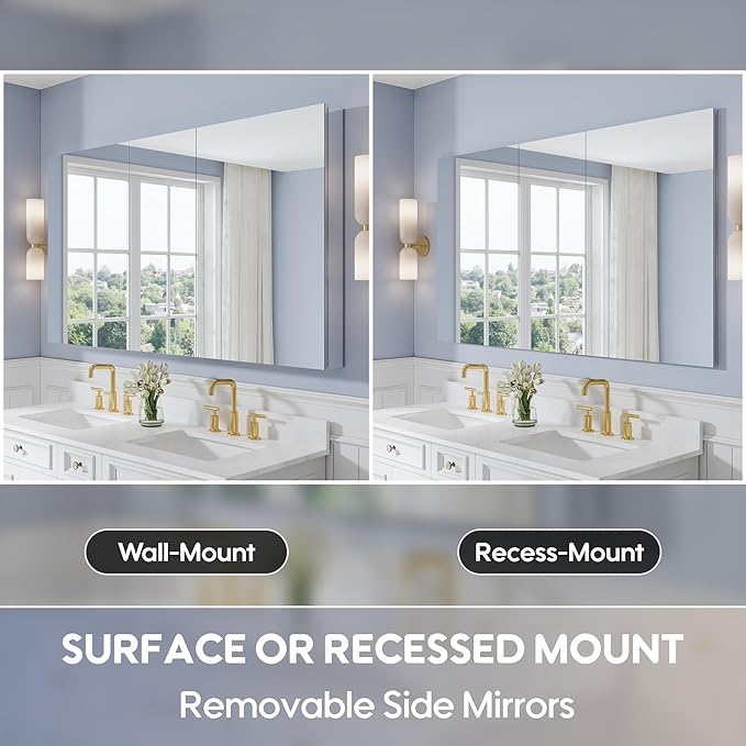 WELLFOR 64" x 36" Bathroom Medicine Cabinet with Mirror, Anodized Chrome Aluminum Frame, Surface Mount or Recessed Medicine Cabinet with Mirror, Bathroom Mirror with Storage, Three Doors