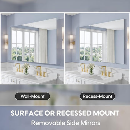 WELLFOR 64" x 36" Bathroom Medicine Cabinet with Mirror, Anodized Chrome Aluminum Frame, Surface Mount or Recessed Medicine Cabinet with Mirror, Bathroom Mirror with Storage, Three Doors