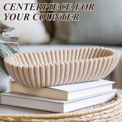 Large Decorative Bowl for Home Decor Long Dough Key Bowls Coffee Table Decor Centerpiece Beige Ruffle Scalloped Resin Modern Handicraft Bowl for Kitchen Counter Farmhouse Entryway