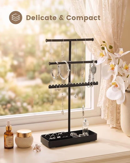 Lolalet 3-Tier Jewelry Organizer Stand, Metal Jewellery Holder, Dresser Display Rack for Necklace Earring Bracelets Rings, Gift for Women Girls -Black