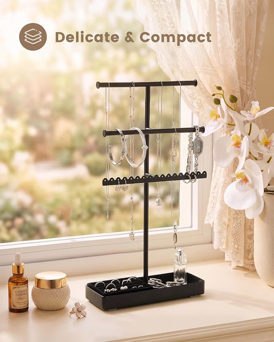 Lolalet 3-Tier Jewelry Organizer Stand, Metal Jewellery Holder, Dresser Display Rack for Necklace Earring Bracelets Rings, Gift for Women Girls -Black