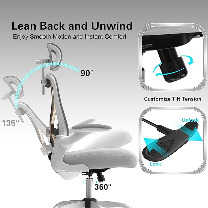 Home Office Desk Chairs, Ergonomic Office Chair with Lumbar Support & 3D Headrest, Computer Desk Chair with Flip-up Armrests, Perfect for Office or Study, Gray/Gold