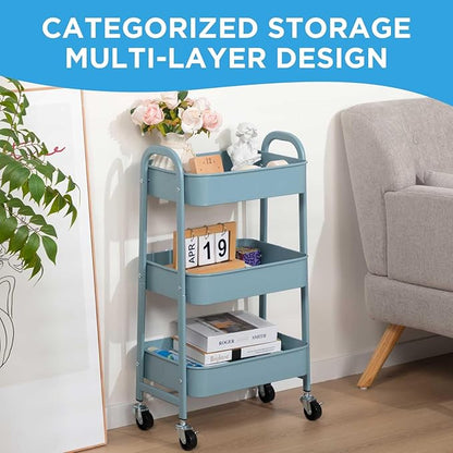 AGTEK Makeup Cart, Movable Rolling Organizer Cart, Grey-Blue 3 Tier Metal Utility Cart