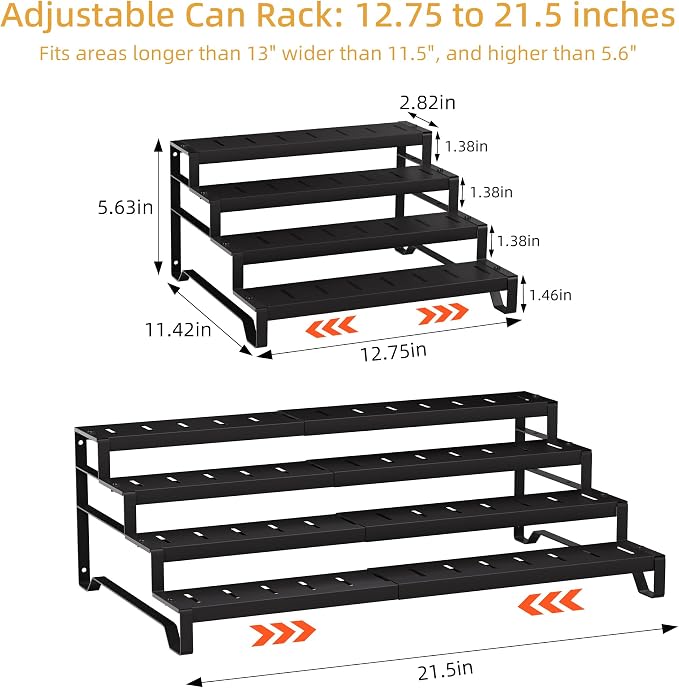 Attelite 4 Tier Expandable Can Rack Organizer for Pantry, Adjustable 13"-21" Metal Soda Can Organizer, Pantry Organization Canned Food Storage Holder for Kitchen Cabinet Countertop, Black 2Pack