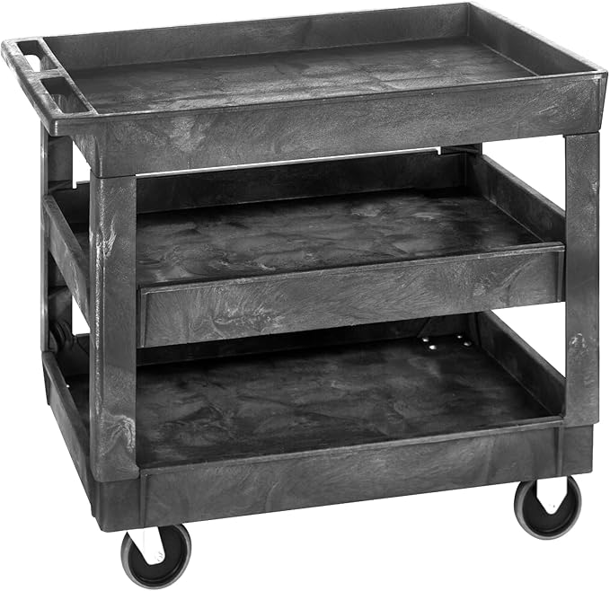Quantum PC4026-33-3 3-Shelf Utility Cart Unit | Heavy-Duty Mobile Storage Rack with (4) 5" Casters for Industrial Supply Tool Distribution | 550 lbs Capacity | 40"W x 26"D x 32.5"H, Gray, Polymer