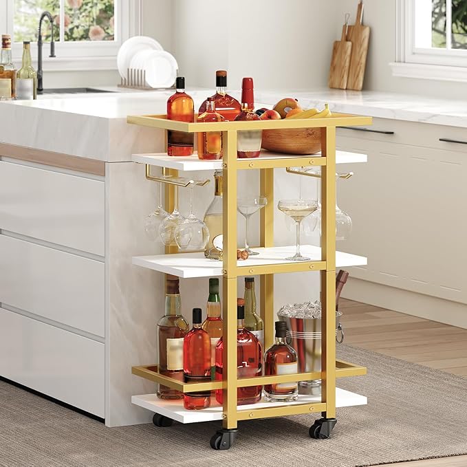 3 Tier Bar Cart, Home Bart Serving Cart with Glass Holders, Rolling Beverage Cart, Mobile Kitchen Shelf, for Home, Garden, Party, Gold BC09DW