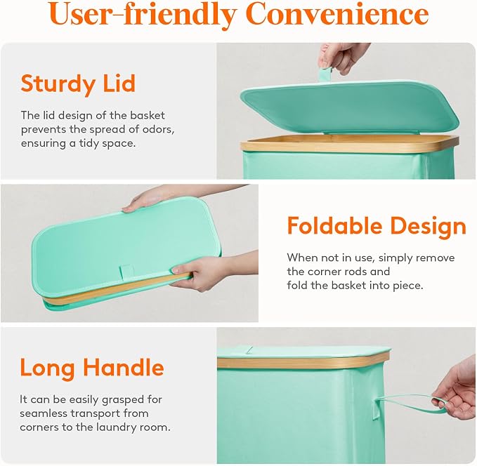 Lifewit 75L Slim Laundry Hamper with Lid, Narrow Laundry Basket with Removable Bag & Bamboo Handles, Fodable Thin Dirty Clothes Hamper for Laundry Collapsible Bin for Bathroom Bedroom Dorm, Sage Green