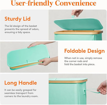 Lifewit 75L Slim Laundry Hamper with Lid, Narrow Laundry Basket with Removable Bag & Bamboo Handles, Fodable Thin Dirty Clothes Hamper for Laundry Collapsible Bin for Bathroom Bedroom Dorm, Sage Green