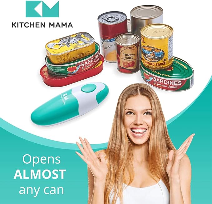 Kitchen Mama Auto Electric Can Opener: Open Your Cans with A Simple Press of Button - Automatic, Hands Free, Smooth Edge, Food-Safe, Battery Operated, YES YOU CAN (Teal)