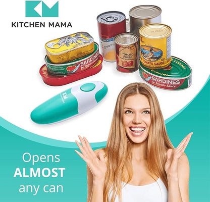 Kitchen Mama Auto Electric Can Opener: Open Your Cans with A Simple Press of Button - Automatic, Hands Free, Smooth Edge, Food-Safe, Battery Operated, YES YOU CAN (Teal)
