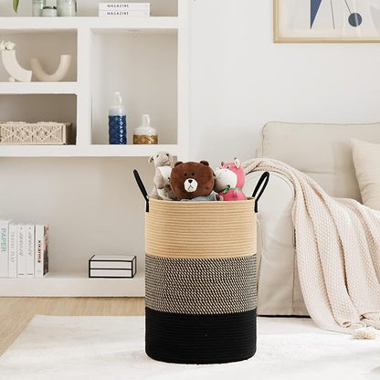 Fiona's magic 58L Large Woven Laundry Hamper, Tall Cotton Rope Laundry Basket, Boho Storage Basket for Blankets, Toys and Clothes Hamper for Bedroom and Living Room Organizing, Brown & Black