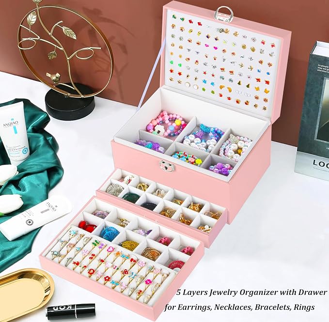 QBestry Earring Jewelry Box for Girls Pink, 5 Layers Jewelry Organizer with Lock Key Jewelry Boxes for Women Necklace and Earring Holder Organizer for Girls Teen Jewelry Box Earrings Case Xmas Gifts