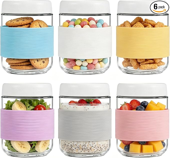 16 oz (6 Pack) Overnight Oats Containers with Airtight Lids and Silicone Sleeves, Leakproof Glass Meal Prep Containers, Wide Mouth Cookie Jars for Yogurt Chia Salad Smoothies Snacks