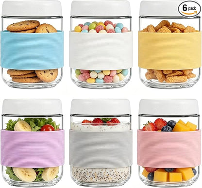16 oz (6 Pack) Overnight Oats Containers with Airtight Lids and Silicone Sleeves, Leakproof Glass Meal Prep Containers, Wide Mouth Cookie Jars for Yogurt Chia Salad Smoothies Snacks