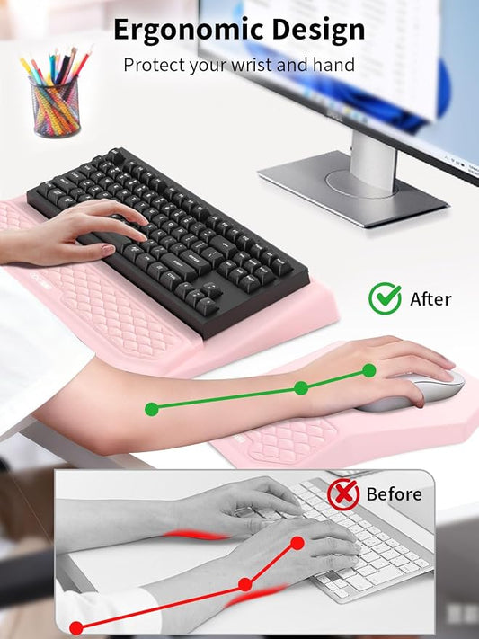3-in-1 Ergonomic Keyboard Stand with Wrist Rest & Mouse Pad Set, Comfy Keyboard Riser Holder Soft Mousepad with Massage Design, Memory Foam and Non-Slip PU Base for Pain Relief, Pink