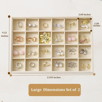 Large Velvet Jewelry Tray 2 Pack Stackable Jewelry Display Drawer Inserts Trays Organizer for Earring Bracelet Necklace Ring (Beige, 24 Grids)